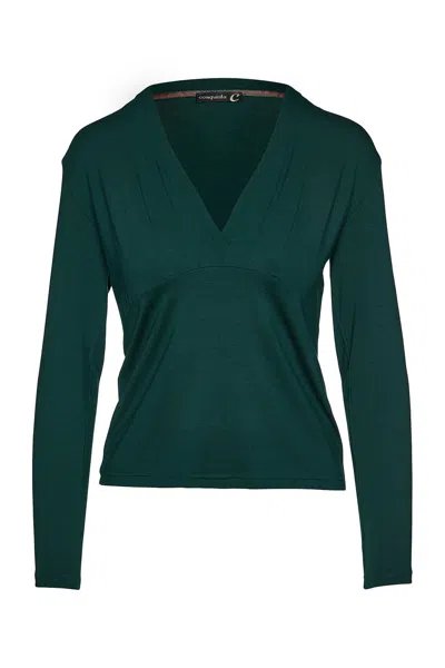 Conquista Women's Green Long Sleeve Faux Wrap Top In Stretch Jersey Sustainable Fabric