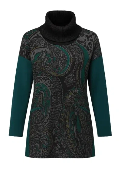 Conquista Women's Green Long Turtleneck Print Top
