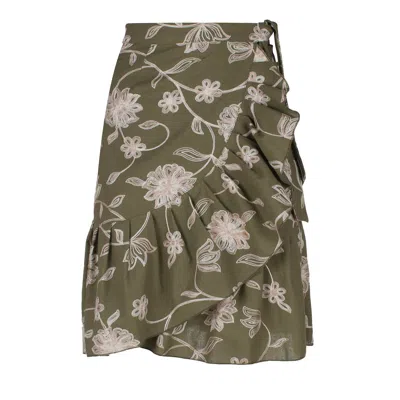 Conquista Women's Green Olive Embroidered Floral Wrap Ruffle Skirt