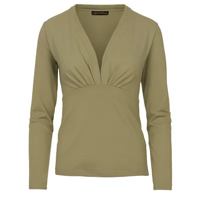 Conquista Women's Green Olive Long Sleeve Faux Wrap Top In Stretch Jersey Sustainable Fabric