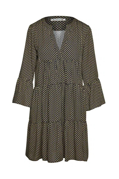 Conquista Women's Green Print Viscose Gathered Seams Dress