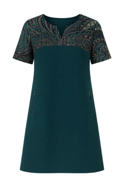 Conquista Women's Green Short Sleeve A Line Dress With Print Detail