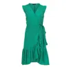 CONQUISTA WOMEN'S GREEN SMARAGDI SLEEVELESS RUFFLED WRAP DRESS IN VISCOSE POPLIN