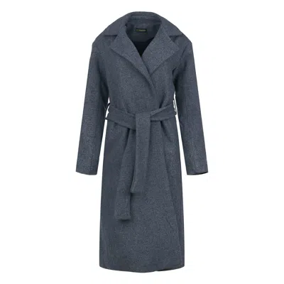 Conquista Women's Grey Charcoal Wool-cotton Blend Coat With Shawl Collar & Elegant Belt