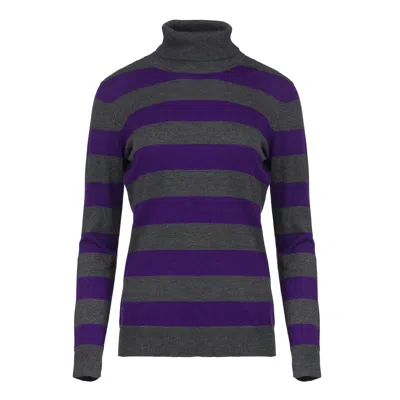Conquista Women's Grey Fitted Long Sleeve Striped Knit Polo Neck Jumper