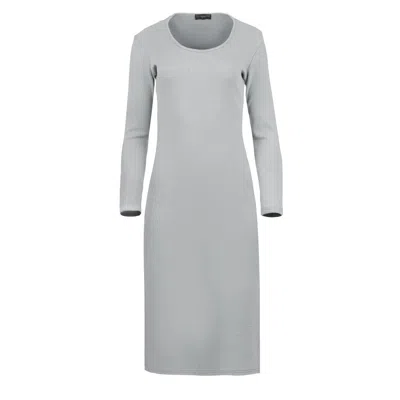 Conquista Women's Grey Long Sleeve Round Neck Midi Dress In Ribbed Cotton-elastane Gray With Side Slits