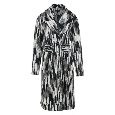 Conquista Women's Grey Long Wool Blend Jacquard Style Coat In Neutral Shades With Belt
