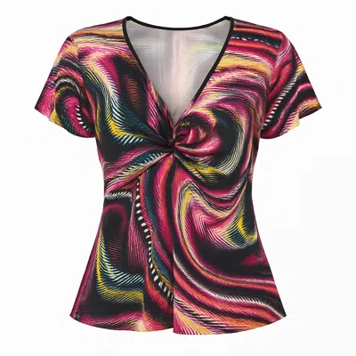 Conquista Women's Knot Front Jersey Top With Vibrant Print In Multi
