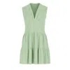 Conquista Women's Light Green Sleeveless V-neck Jersey Dress – Loose Fit, Knee-length