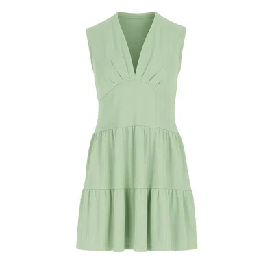 Conquista Women's Light Green Sleeveless V-neck Jersey Dress – Loose Fit, Knee-length