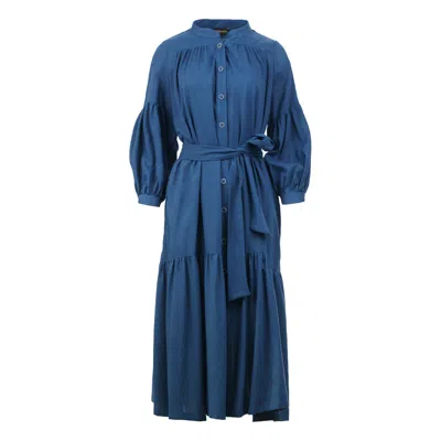 Conquista Women's Linen Style Blue Dress With Pockets