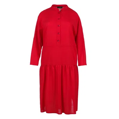 Conquista Women's Linen Style Oversized Red Dress With Buttons