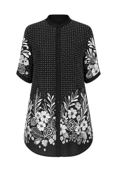 Conquista Women's Long Black & White Print Shirt