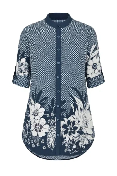 Conquista Women's Long Blue & White Print Shirt