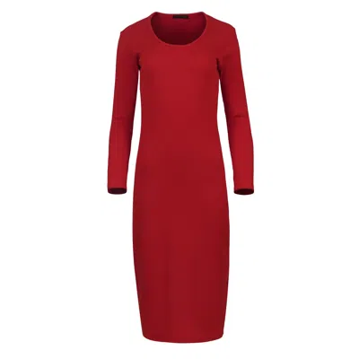 Conquista Women's Long Sleeve Round Neck Midi Dress In Ribbed Cotton-elastane Red