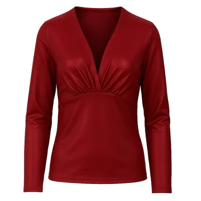 Conquista Women's Long Sleeve Shiny V-neck Top In Deep Red – Stretch Jersey Blend