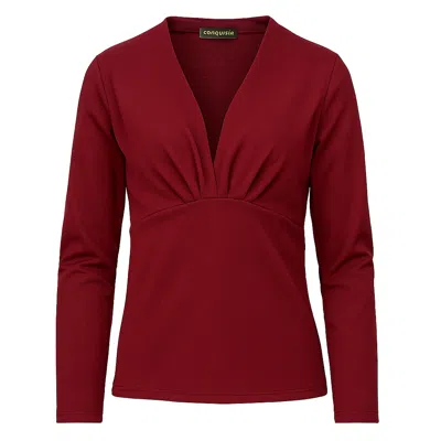 Conquista Women's Long Sleeve V-neck Top In Deep Red – Stretch Jersey Blend