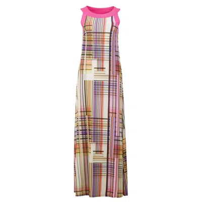 Conquista Women's Modern Tartan Maxi Dress With Pop Color Accents In Pink