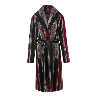 Conquista Women's Multicoloured Long Wool Blend Jacquard Style Coat With Belt In Black/red