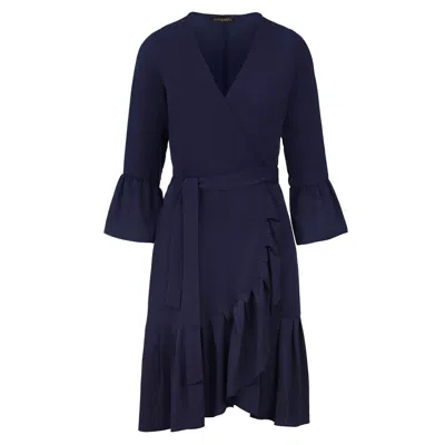 Conquista Women's Navy Blue Wrap Dress Viscose With Bell Sleeves.