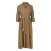 Conquista Women's Neutrals Beige Linen Style Midi Dress With Belt In Beige