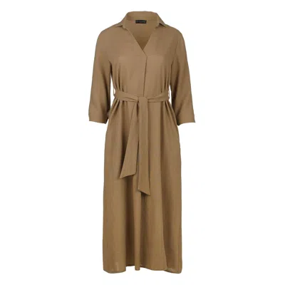Conquista Women's Neutrals Beige Linen Style Midi Dress With Belt