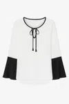 Conquista Women's Neutrals Contrast Detail Ecru Top With Long Bell Sleeves & Keyhole Tie Fastening By Conquist In Beige