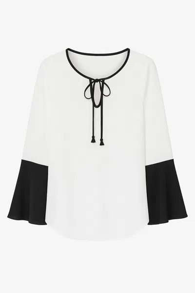 Conquista Women's Neutrals Contrast Detail Ecru Top With Long Bell Sleeves & Keyhole Tie Fastening By Conquist In Beige
