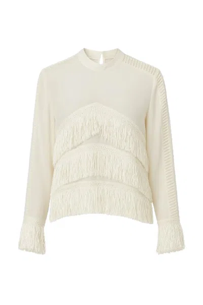 Conquista Women's Neutrals Cream Long-sleeve Blouse With Fringe Detailing In White