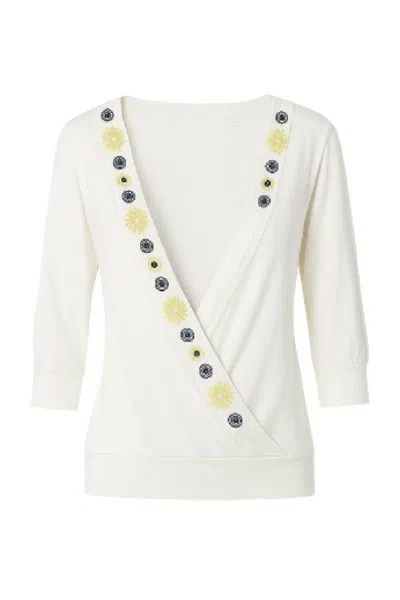 Conquista Women's Neutrals Embroidered Wrap-effect V-neck Top With 3/4 Sleeves In White