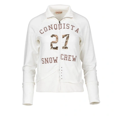 Conquista Women's Neutrals Long Sleeve Ecru Cardigan With Print & Embroidery Detail In Beige