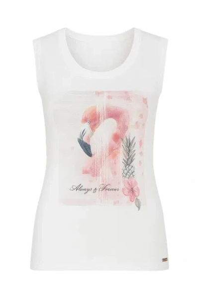 Conquista Women's Neutrals Sleeveless White Top With Multicoloured Print Detail