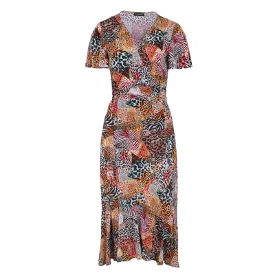 Conquista Women's Orange Animal Print Ruffle Detail Wrap Dress