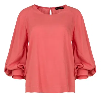 Conquista Women's Pink / Purple Coral Linen Top With Bishop Sleeves In Pink/purple