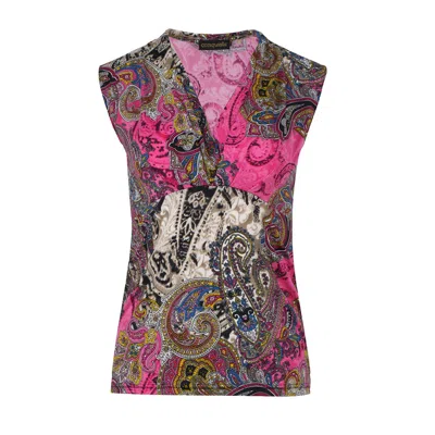 Conquista Women's Pink / Purple Print Fuchsia V Neck Jersey Top In Pink/purple