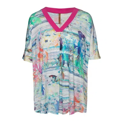 Conquista Women's Pink / Purple Print V Neck Top In Pink/purple