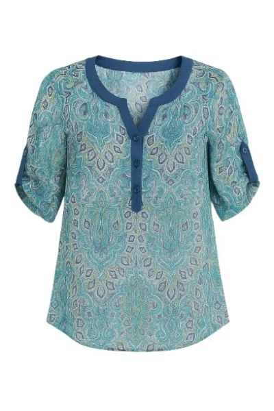 Conquista Women's Print Poplin Top With Petrol Blue Trim