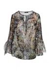 Conquista Women's Print Voile Top With Flounce Sleeves In Gray