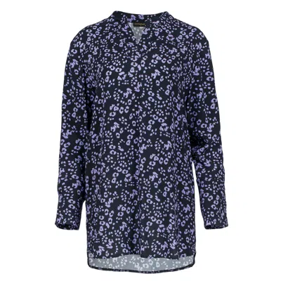 Conquista Women's Print Woven Long Sleeve Tunic With Uneven Hemline & Front V Opening In Blue