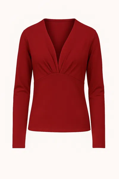 Conquista Women's Red Chilli Pepper Long Sleeve Faux Wrap Top In Stretch Jersey Sustainable Fabric