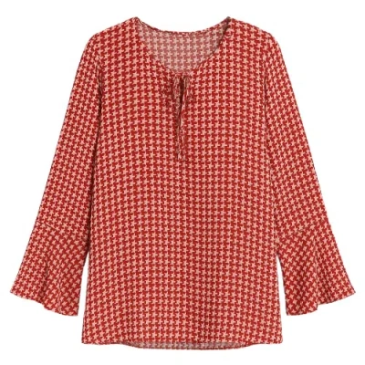 Conquista Women's Red Loose Fit Print Top With Tie Detail