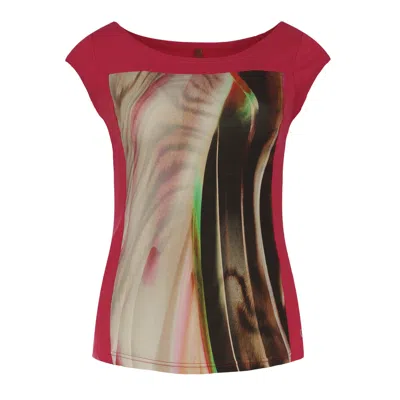 Conquista Women's Red Print Detail Cap Sleeve Top