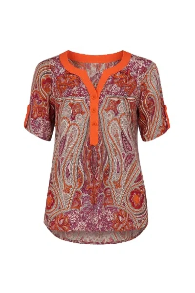 Conquista Women's Red Print Poplin Top With Orange Trim