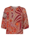 Conquista Women's Red Print Top With Bishop Sleeves In Red