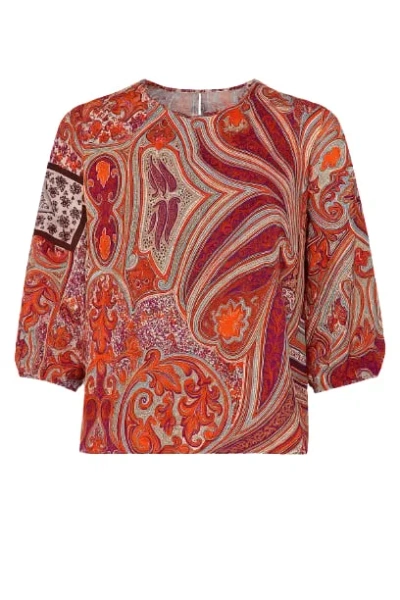 Conquista Women's Red Print Top With Bishop Sleeves