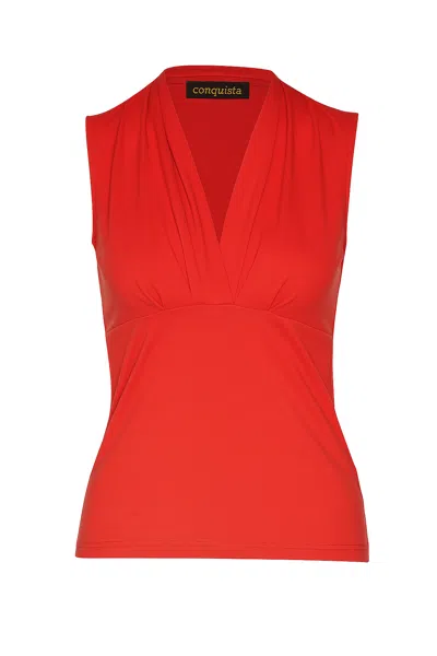 Conquista Women's Red Sleeveless V-neck Jersey Top – Stretch Cotton-blend Fabric