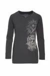 Conquista Women's Round Neckline Dark Grey Print Top In Grey