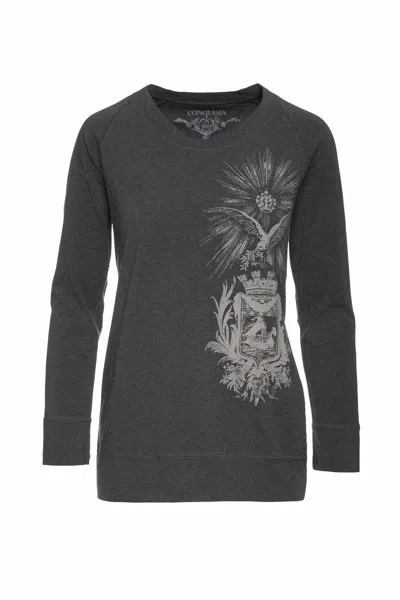 Conquista Women's Round Neckline Dark Grey Print Top