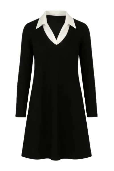 Conquista Women's Shirt Collar Detail Black Striped Dress