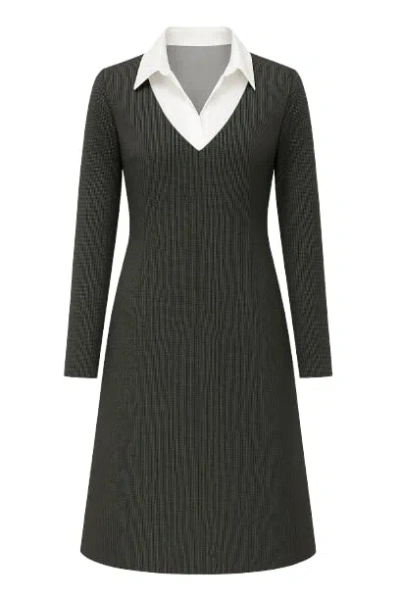 Conquista Women's Shirt Collar Detail Dark Striped Grey Dress In Gray